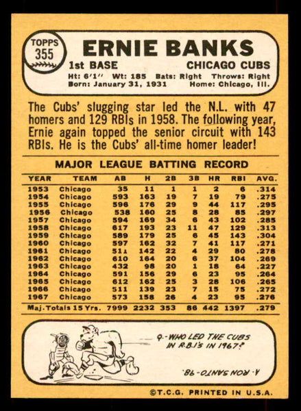1968 Topps Baseball #355 Ernie Banks Cubs NR-MT 552157