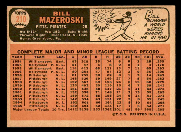 1966 Topps Baseball #210 Bill Mazeroski Pirates EX-MT 552180
