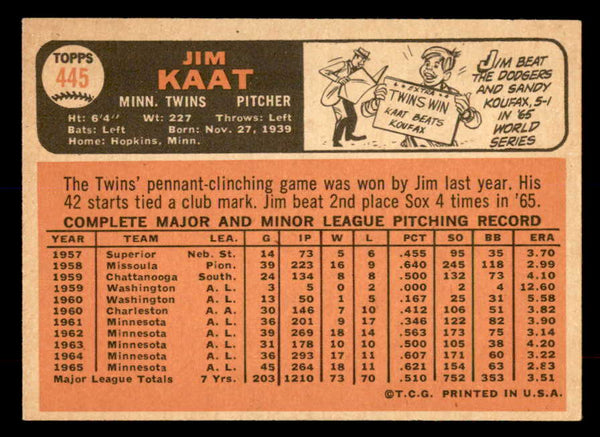 1966 Topps Baseball #445 Jim Kaat Twins EX-MT 552181