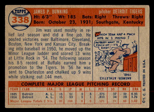 1957 Topps Baseball #338 Jim Bunning Tigers EX+/EX-MT 552219