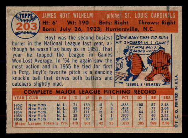 1957 Topps Baseball #203 Hoyt Wilhelm Cardinals EX-MT 552222