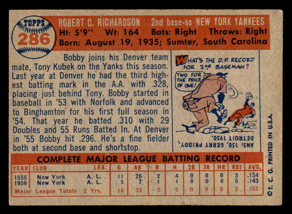 1957 Topps Baseball #286 Bobby Richardson Yankees EX-MT 552229