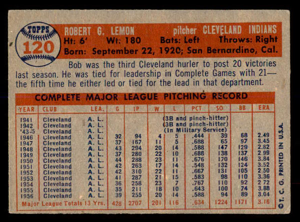 1957 Topps Baseball #120 Bob Lemon Indians EX 552234