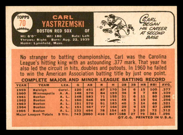 1966 Topps Baseball #070 Carl Yastrzemski Red Sox EX-MT 552266