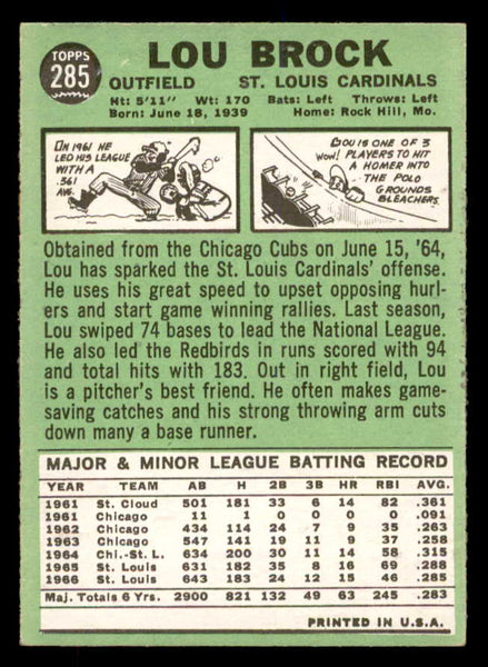 1967 Topps Baseball #285 Lou Brock Cardinals NR-MT 552270