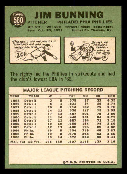 1967 Topps Baseball #560 Jim Bunning Phillies NR-MT 552274