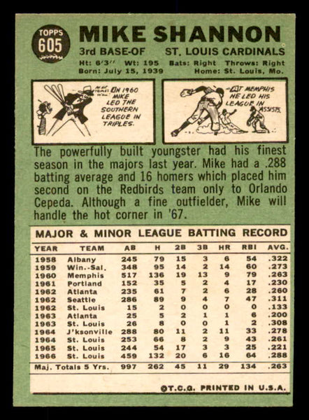1967 Topps Baseball #605 Mike Shannon Cardinals EX-MT 552277