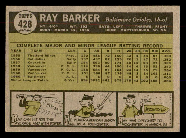 1961 Topps Baseball #428 Ray Barker Orioles EX-MT 552292