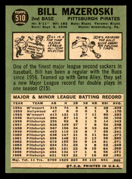 1967 Topps Baseball #510 Bill Mazeroski Pirates EX-MT 552316