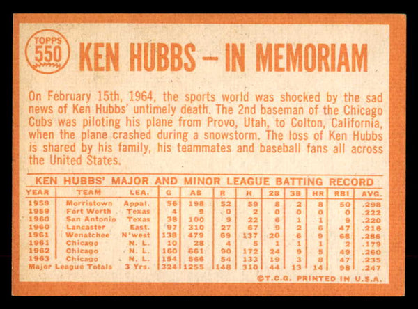1964 Topps Baseball #550 Ken Hubbs Cubs EX-MT 552321