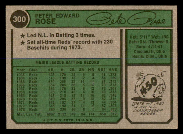 1974 Topps Baseball #300 Pete Rose Reds EX-MT 552330