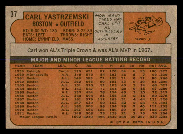 1972 Topps Baseball #037 Carl Yastrzemski Red Sox VG-EX 552331