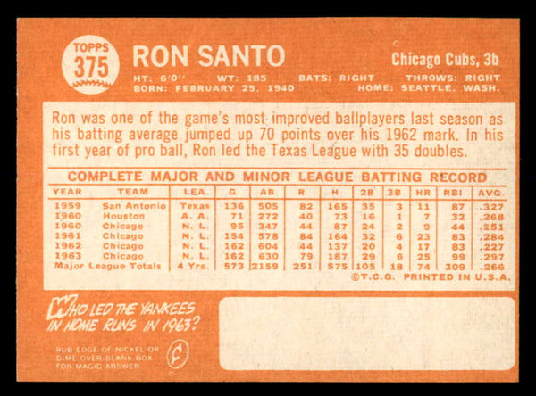 1964 Topps Baseball #375 Ron Santo Cubs NR-MT 552336
