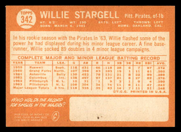 1964 Topps Baseball #342 Willie Stargell Pirates EX-MT 552343