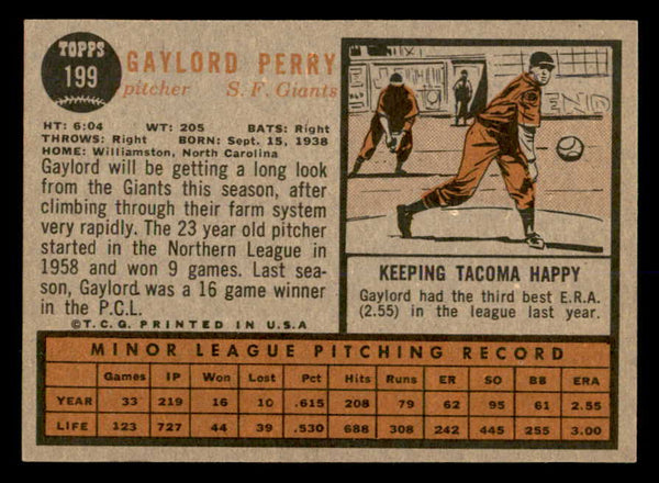 1962 Topps Baseball #199 Gaylord Perry Giants EX-MT 552345