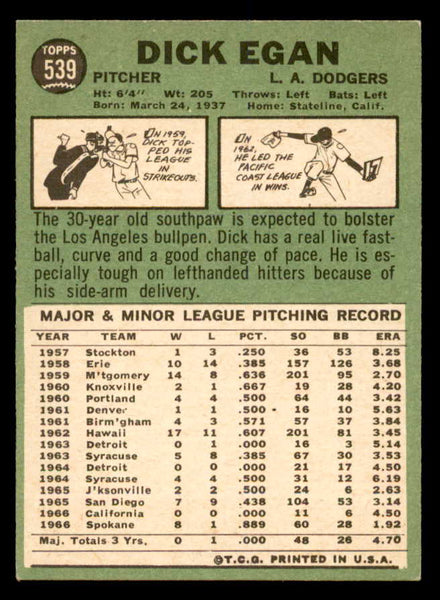 1967 Topps Baseball #539 Dick Egan Dodgers EX-MT 552368