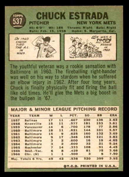 1967 Topps Baseball #537 Chuck Estrada Mets EX-MT 552370