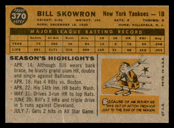 1960 Topps Baseball #370 Bill Skowron Yankees VG-EX 552392