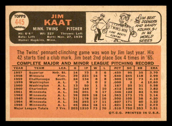 1966 Topps Baseball #445 Jim Kaat Twins NR-MT 552395