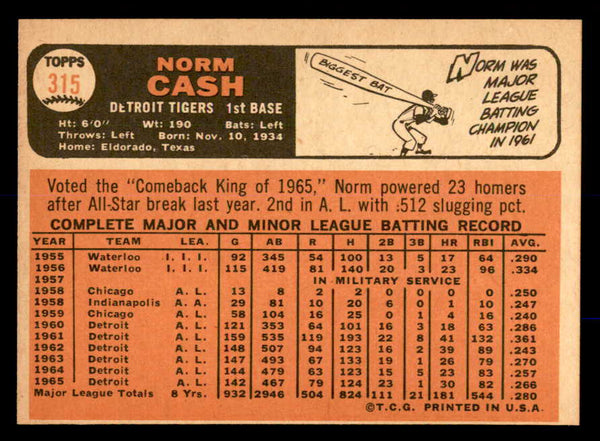 1966 Topps Baseball #315 Norm Cash Tigers NR-MT 552398