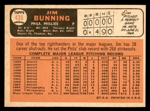 1966 Topps Baseball #435 Jim Bunning Phillies NR-MT 552409