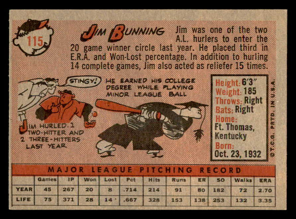 1958 Topps Baseball #115 Jim Bunning Tigers VG-EX 552448