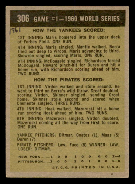 1961 Topps Baseball #306 World Series Game 1 Virdon GD-VG ink back 552450
