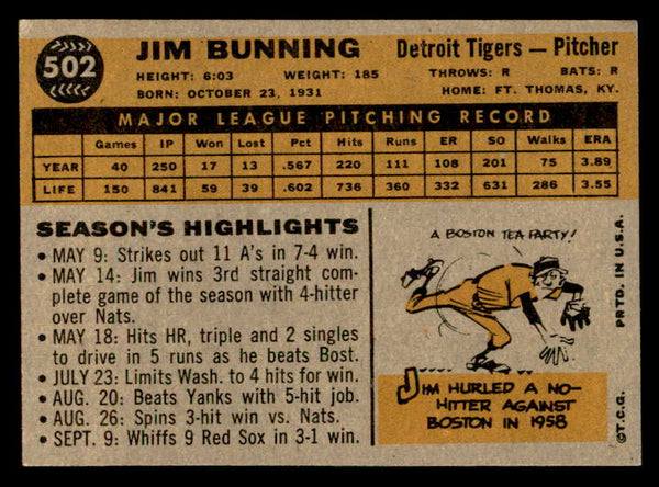 1960 Topps Baseball #502 Jim Bunning Tigers EX-MT 552459