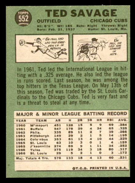 1967 Topps Baseball #552 Ted Savage Cubs EX-MT 552523