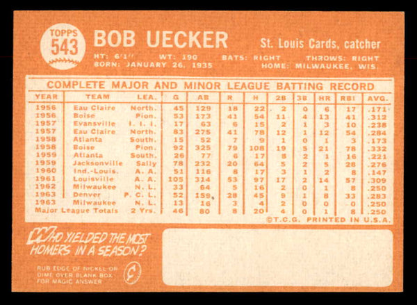 1964 Topps Baseball #543 Bob Uecker Cardinals NR-MT 552525