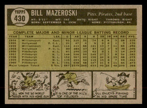 1961 Topps Baseball #430 Bill Mazeroski Pirates EX-MT 552549