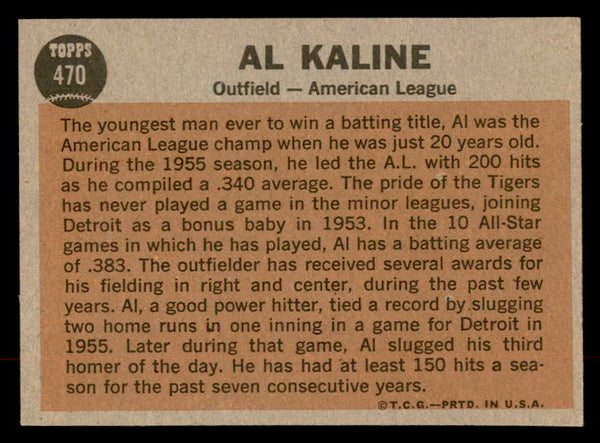 1962 Topps Baseball #470 Al Kaline A.S. Tigers EX-MT 552568