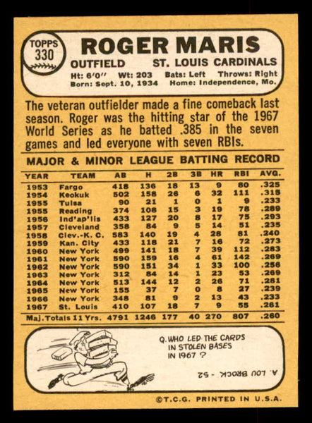 1968 Topps Baseball #330 Roger Maris Cardinals NR-MT 552581