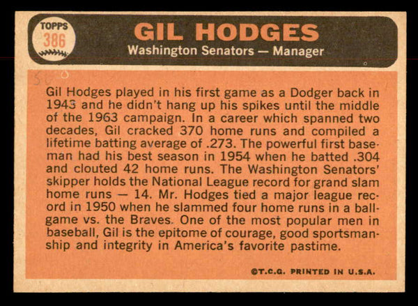 1966 Topps Baseball #386 Gil Hodges Senators EX-MT 552583