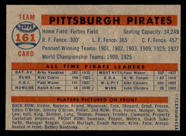 1957 Topps Baseball #161 Pittsburgh Pirates Team EX-MT 552593