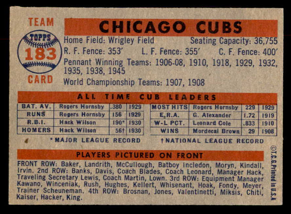 1957 Topps Baseball #183 Chicago Cubs Team EX-MT 552606