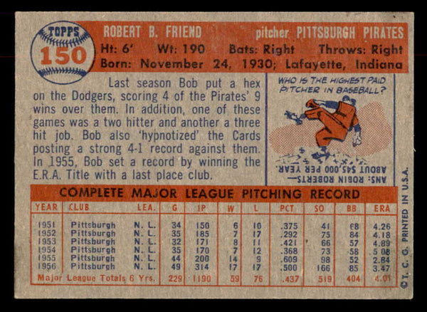 1957 Topps Baseball #150 Bob Friend Pirates EX-MT 552612