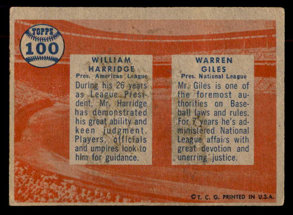 1957 Topps Baseball #100 Warren Giles William Harridge VG-EX 552613