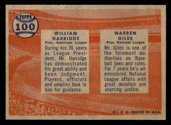 1957 Topps Baseball #100 Warren Giles William Harridge EX-MT 552614