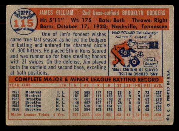 1957 Topps Baseball #115 Jim Gilliam Dodgers VG-EX 552615