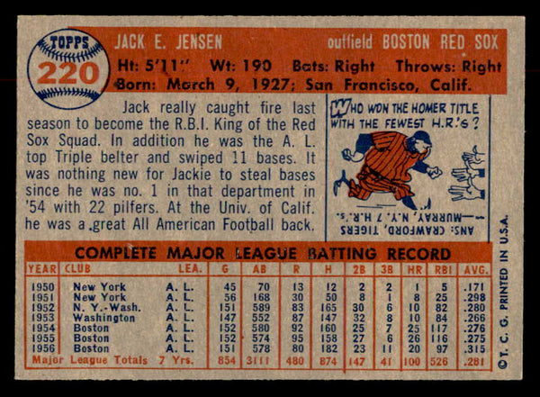 1957 Topps Baseball #220 Jackie Jensen Red Sox EX-MT 552618