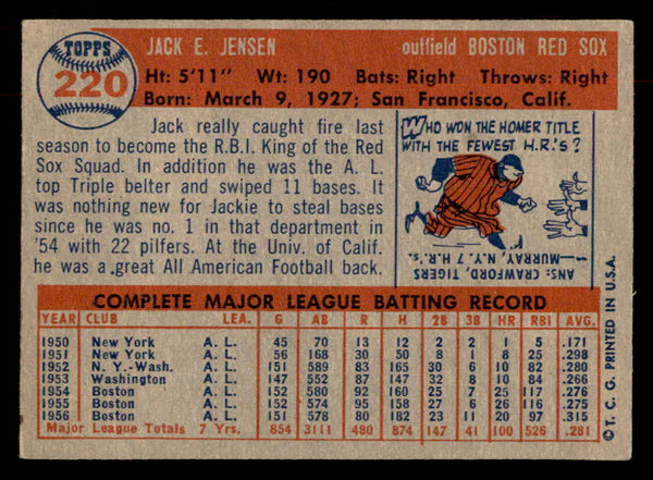 1957 Topps Baseball #220 Jackie Jensen Red Sox EX-MT 552620