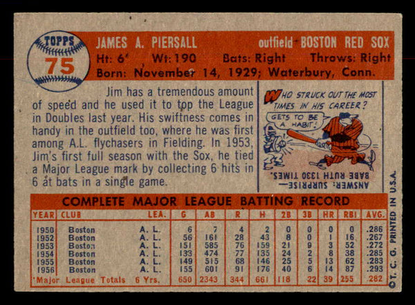 1957 Topps Baseball #075 Jimmy Piersall Red Sox EX-MT 552621