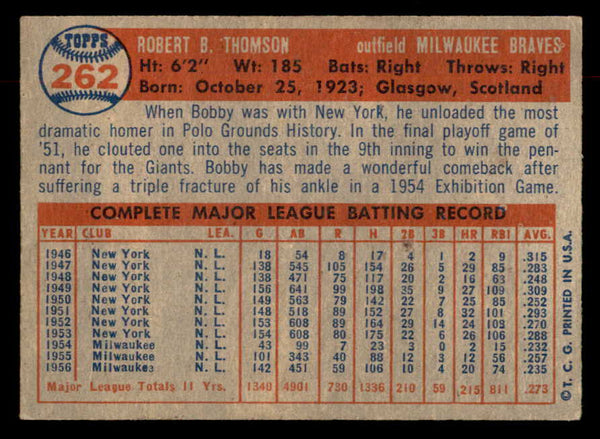1957 Topps Baseball #262 Bobby Thomson Braves VG-EX 552622