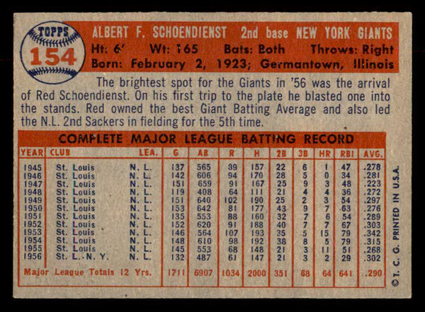 1957 Topps Baseball #154 Red Schoendienst Giants EX-MT 552623