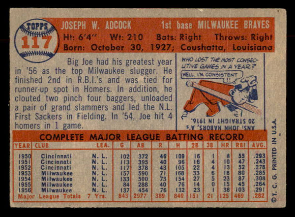 1957 Topps Baseball #117 Joe Adcock Braves VG-EX 552625