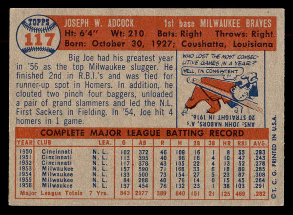 1957 Topps Baseball #117 Joe Adcock Braves EX-MT 552626