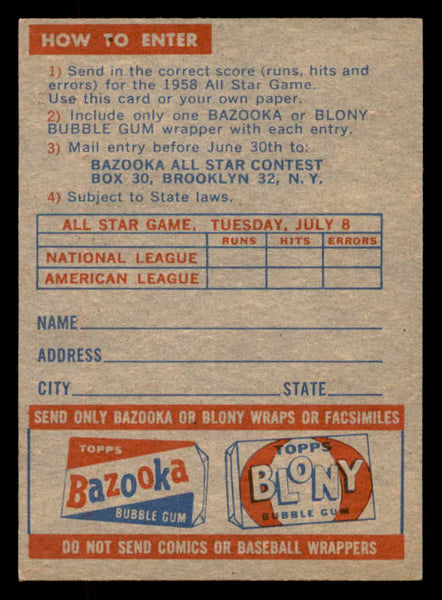 1958 Topps Baseball Contest Card EX+ 552640