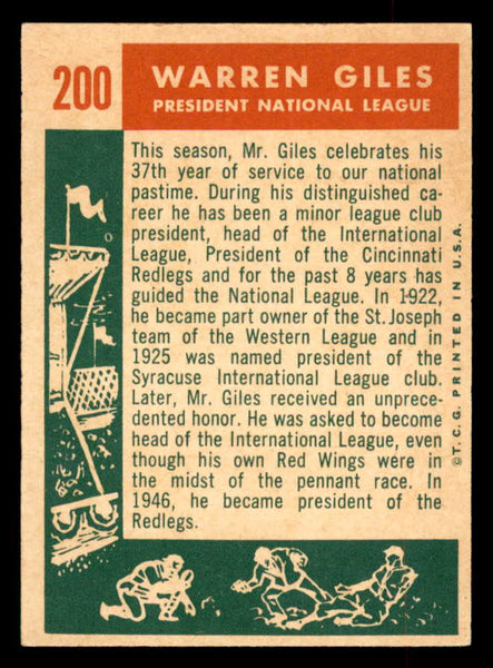 1959 Topps Baseball #200 Warren Giles President VG-EX 552660