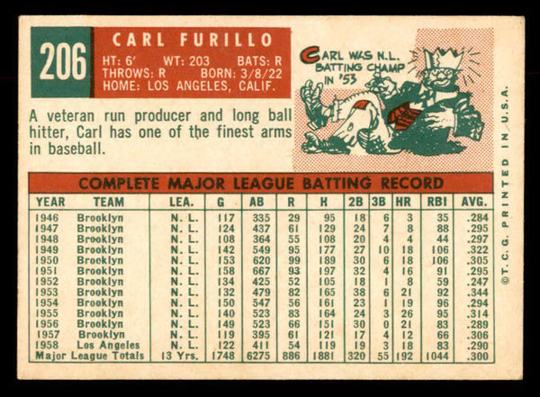1959 Topps Baseball #206 Carl Furillo Dodgers EX-MT 552663